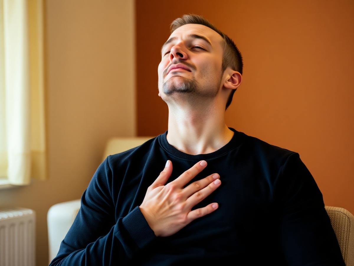 An adult practicing slow nasal breathing during a session