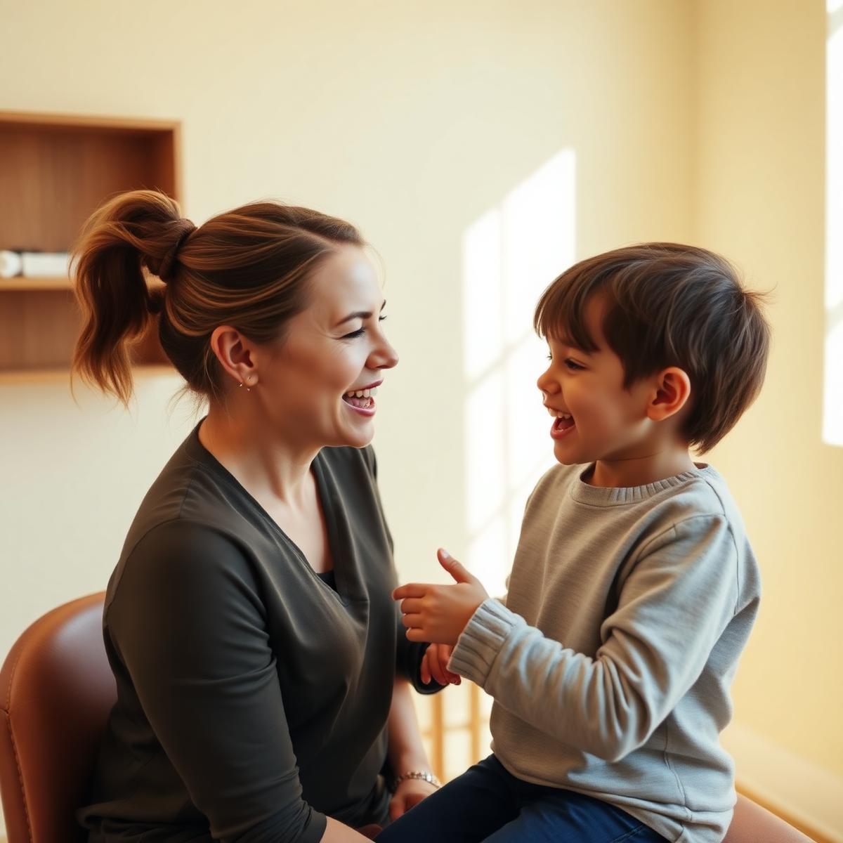 A therapist coaching a child through a myofunctional exercise